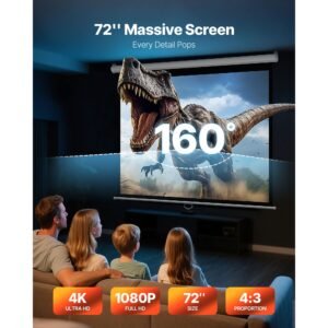 manual projector screen, 72 inch 4:3 4k 1080 hd retractable pull down projector screen, wall mounted movie projection with pull rope, portable display projectoin for family home office theater