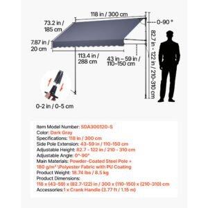 manual retractable awning, 118" outdoor retractable patio awning sunshade shelter, height adjustable patio door window canopy with manual crank handle for backyard, garden, balcony, dark gray