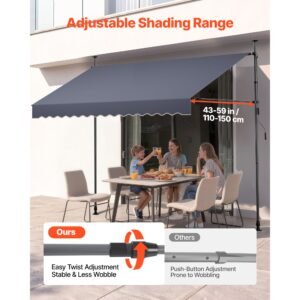 manual retractable awning, 118" outdoor retractable patio awning sunshade shelter, height adjustable patio door window canopy with manual crank handle for backyard, garden, balcony, dark gray