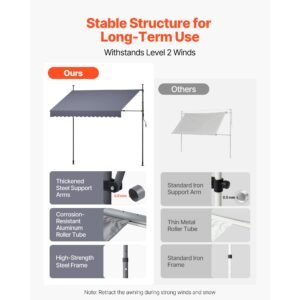 manual retractable awning, 118" outdoor retractable patio awning sunshade shelter, height adjustable patio door window canopy with manual crank handle for backyard, garden, balcony, dark gray