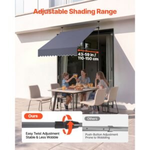 manual retractable awning, 59" outdoor retractable patio awning sunshade shelter, height adjustable patio door window canopy with manual crank handle for backyard, garden, balcony, dark gray
