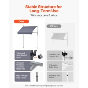 manual retractable awning, 59" outdoor retractable patio awning sunshade shelter, height adjustable patio door window canopy with manual crank handle for backyard, garden, balcony, dark gray