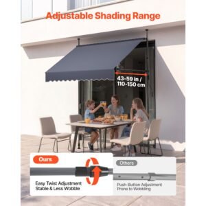 manual retractable awning, 78" outdoor retractable patio awning sunshade shelter, height adjustable patio door window canopy with manual crank handle for backyard, garden, balcony, dark gray