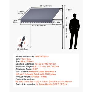 manual retractable awning, 98" outdoor retractable patio awning sunshade shelter, height adjustable patio door window canopy with manual crank handle for backyard, garden, balcony, dark gray