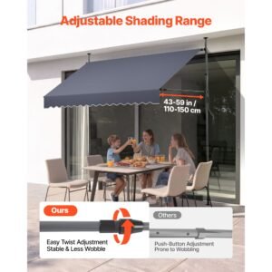 manual retractable awning, 98" outdoor retractable patio awning sunshade shelter, height adjustable patio door window canopy with manual crank handle for backyard, garden, balcony, dark gray