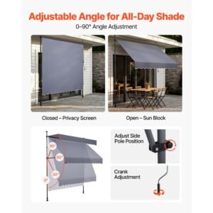 manual retractable awning, 98" outdoor retractable patio awning sunshade shelter, height adjustable patio door window canopy with manual crank handle for backyard, garden, balcony, dark gray