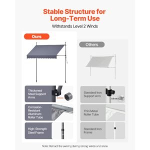 manual retractable awning, 98" outdoor retractable patio awning sunshade shelter, height adjustable patio door window canopy with manual crank handle for backyard, garden, balcony, dark gray