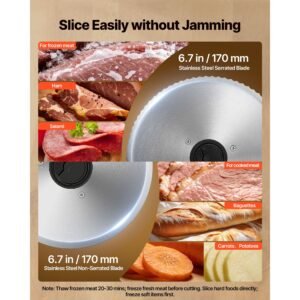 meat slicer, 6.7 inch 150w electric deli slicer machine with two sus420 blades, 0 0.6 inch adjustable thickness, etl certified home food slicer for meat, ham, baguett, steak, etl approved