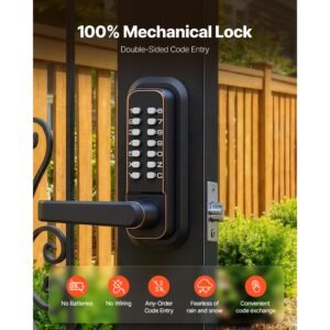 mechanical keyless entry door lock, 2.0 code upgrade, 4 7 digits code, double sided push button combination keypad door lock with handle, auto locking, for indoor or outdoor, oil rubbed bronze