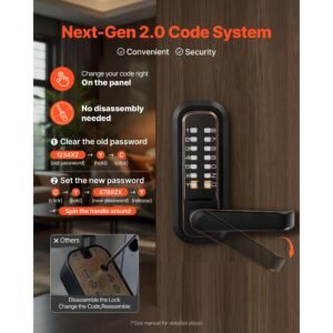mechanical keyless entry door lock, 2.0 code upgrade, 4 7 digits code, double sided push button combination keypad door lock with handle, auto locking, for indoor or outdoor, oil rubbed bronze