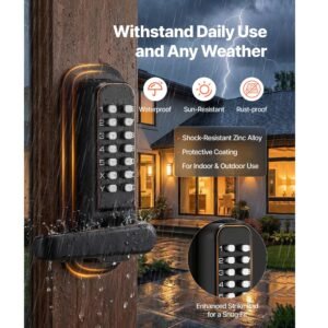 mechanical keyless entry door lock, 2.0 code upgrade, 4 7 digits code, double sided push button combination keypad door lock with handle, auto locking, for indoor or outdoor, oil rubbed bronze