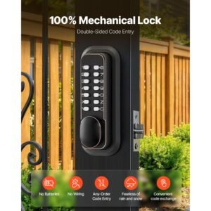 mechanical keyless entry door lock, 2.0 code upgrade, 4 7 digits code, double sided push button combination mechanical keypad door knob, auto locking, for indoor or outdoor, oil rubbed bronze