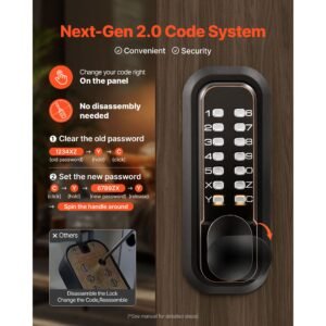 mechanical keyless entry door lock, 2.0 code upgrade, 4 7 digits code, double sided push button combination mechanical keypad door knob, auto locking, for indoor or outdoor, oil rubbed bronze