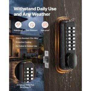 mechanical keyless entry door lock, 2.0 code upgrade, 4 7 digits code, double sided push button combination mechanical keypad door knob, auto locking, for indoor or outdoor, oil rubbed bronze