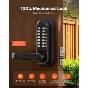 mechanical keyless entry door lock, 2.0 code upgrade, 4 7 digits code, single sided push button combination keypad door lock with handle, auto locking, for indoor or outdoor, oil rubbed bronze