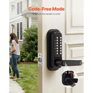 mechanical keyless entry door lock, 2.0 code upgrade, 4 7 digits code, single sided push button combination keypad door lock with handle, auto locking, for indoor or outdoor, oil rubbed bronze