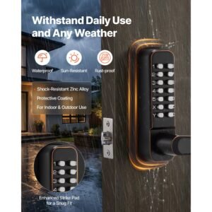 mechanical keyless entry door lock, 2.0 code upgrade, 4 7 digits code, single sided push button combination keypad door lock with handle, auto locking, for indoor or outdoor, oil rubbed bronze