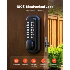 mechanical keyless entry door lock, 2.0 code upgrade, 4 7 digits code, single sided push button combination mechanical keypad door knob, auto locking, for garden gates, indoor or outdoor, black
