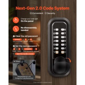 mechanical keyless entry door lock, 2.0 code upgrade, 4 7 digits code, single sided push button combination mechanical keypad door knob, auto locking, for garden gates, indoor or outdoor, black