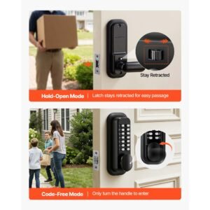 mechanical keyless entry door lock, 2.0 code upgrade, 4 7 digits code, single sided push button combination mechanical keypad door knob, auto locking, for garden gates, indoor or outdoor, black