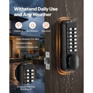 mechanical keyless entry door lock, 2.0 code upgrade, 4 7 digits code, single sided push button combination mechanical keypad door knob, auto locking, for garden gates, indoor or outdoor, black