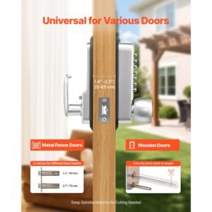 mechanical keyless entry door lock, 2.0 code upgrade, 4 7 digits code, single sided push button combination mechanical keypad door knob, auto locking, for garden gates, indoor or outdoor, silver