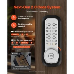 mechanical keyless entry door lock, 2.0 code upgrade, 4 7 digits code, single sided push button combination mechanical keypad door knob, auto locking, for garden gates, indoor or outdoor, silver