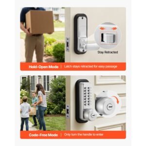 mechanical keyless entry door lock, 2.0 code upgrade, 4 7 digits code, single sided push button combination mechanical keypad door knob, auto locking, for garden gates, indoor or outdoor, silver