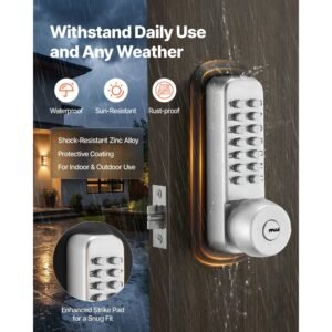 mechanical keyless entry door lock, 2.0 code upgrade, 4 7 digits code, single sided push button combination mechanical keypad door knob, auto locking, for garden gates, indoor or outdoor, silver