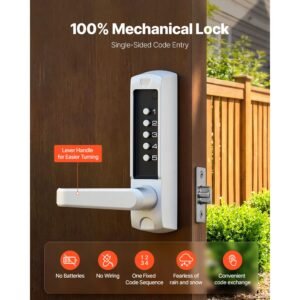 mechanical keyless entry door lock, 2.0 code upgrade, 5 digits code, single sided push button combination keypad door lock with handle, auto locking, for garden gates, indoor or outdoor, silver