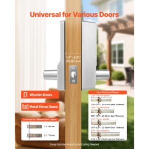 mechanical keyless entry door lock, 2.0 code upgrade, 5 digits code, single sided push button combination keypad door lock with handle, auto locking, for garden gates, indoor or outdoor, silver