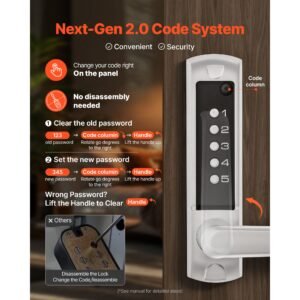 mechanical keyless entry door lock, 2.0 code upgrade, 5 digits code, single sided push button combination keypad door lock with handle, auto locking, for garden gates, indoor or outdoor, silver
