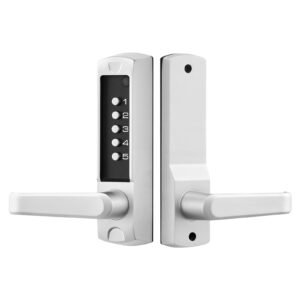 Mechanical Keyless Entry Door Lock, 2.0 Code Upgrade, 5 Digits Code, Single-Sided Push Button Combination Keypad Door Lock with Handle, Auto Locking, for Garden Gates, Indoor or Outdoor, Silver