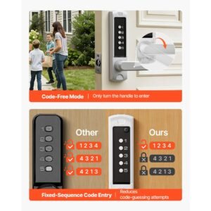mechanical keyless entry door lock, 2.0 code upgrade, 5 digits code, single sided push button combination keypad door lock with handle, auto locking, for garden gates, indoor or outdoor, silver