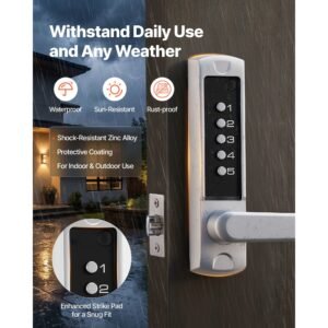 mechanical keyless entry door lock, 2.0 code upgrade, 5 digits code, single sided push button combination keypad door lock with handle, auto locking, for garden gates, indoor or outdoor, silver