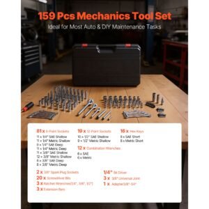 mechanics tool set, 159 piece mechanic tool kit, 1/4 in, 3/8 in, and 1/2 in drive, sae and metric socket set, wrenches, screwdriver bits, accessories, and storage case, for automotive repair