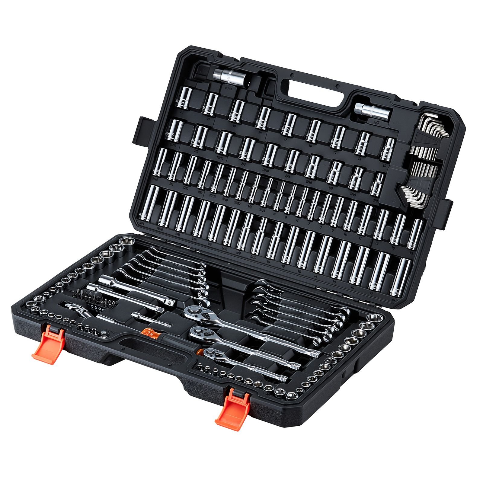 mechanics tool set, 159 piece mechanic tool kit, 1/4 in, 3/8 in, and 1/2 in drive, sae and metric socket set, wrenches, screwdriver bits, accessories, and storage case, for automotive repair