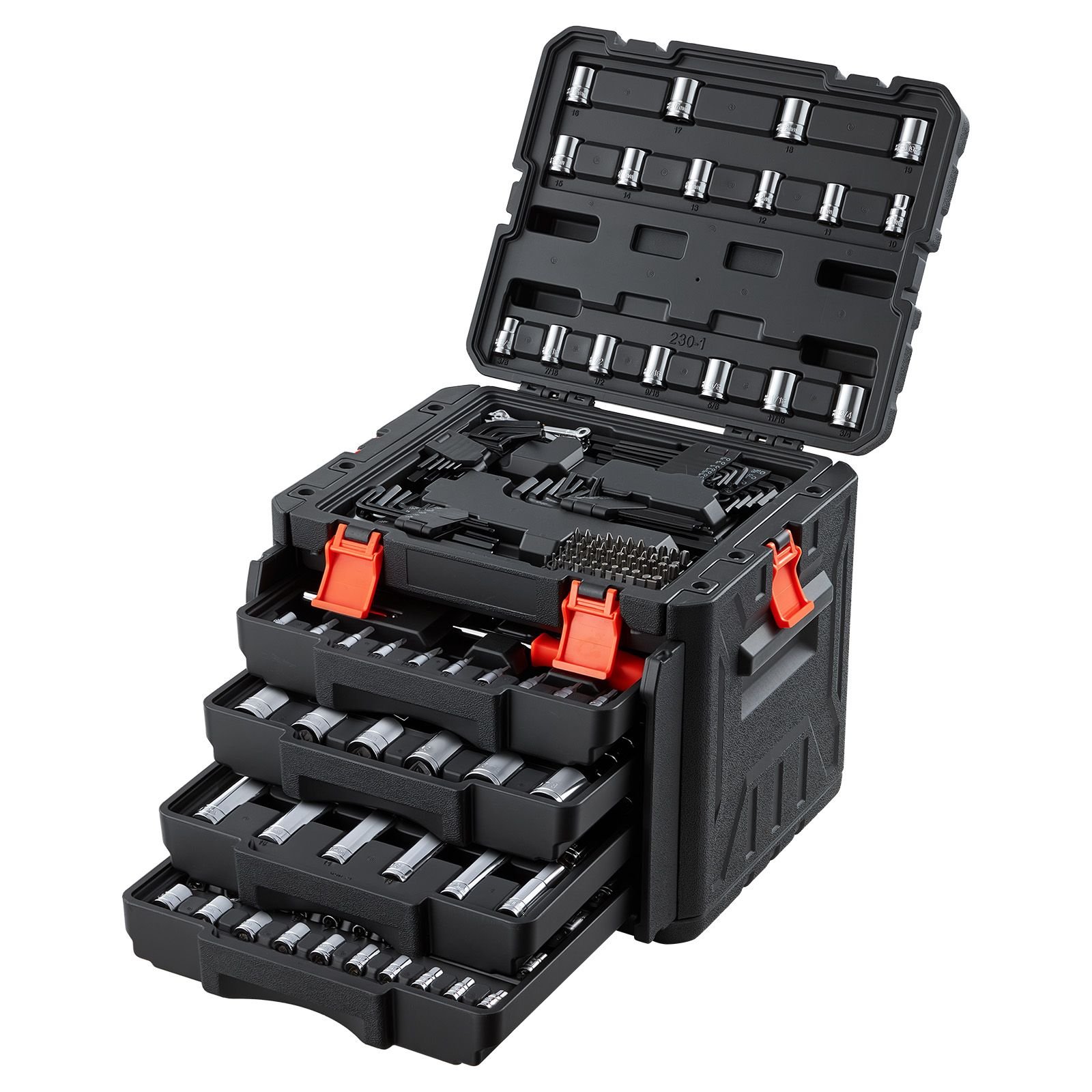 mechanics tool set, 230 piece mechanic tool kit, 1/4 in, 3/8 in, and 1/2 in drive, sae and metric socket set, wrenches, screwdriver bits, accessories, and storage case, for automotive repair