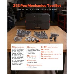 mechanics tool set, 253 piece mechanic tool kit, 1/4 in, 3/8 in, and 1/2 in drive, sae and metric socket set, wrenches, screwdriver bits, accessories, and storage case, for automotive repair