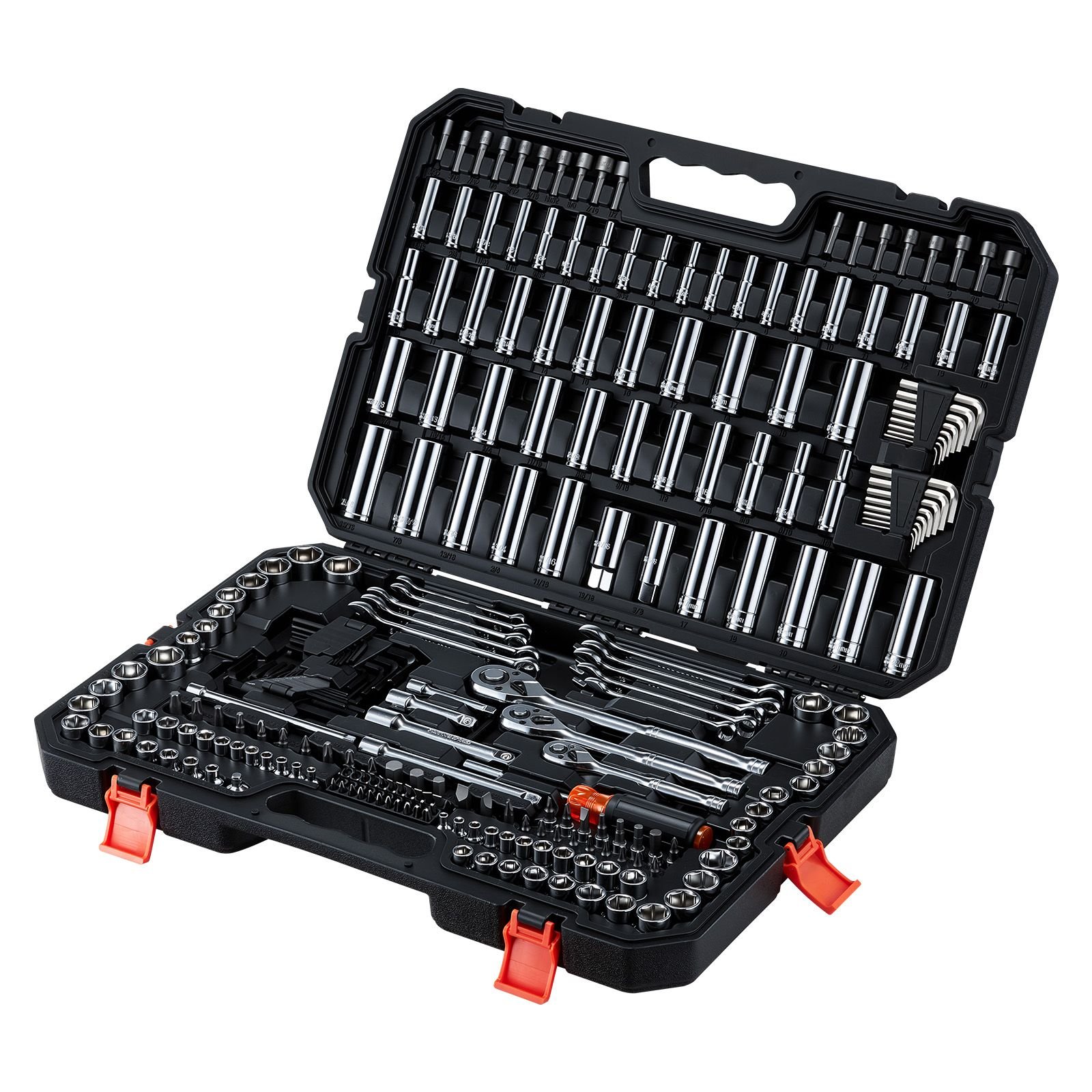 mechanics tool set, 253 piece mechanic tool kit, 1/4 in, 3/8 in, and 1/2 in drive, sae and metric socket set, wrenches, screwdriver bits, accessories, and storage case, for automotive repair
