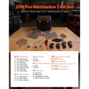 mechanics tool set, 256 piece mechanic tool kit, 1/4 in, 3/8 in, and 1/2 in drive, sae and metric socket set, wrenches, screwdriver bits, accessories, and storage case, for automotive repair