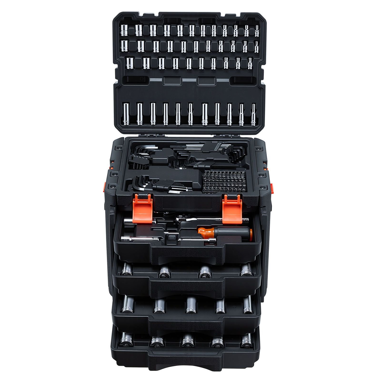 mechanics tool set, 256 piece mechanic tool kit, 1/4 in, 3/8 in, and 1/2 in drive, sae and metric socket set, wrenches, screwdriver bits, accessories, and storage case, for automotive repair