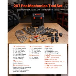 mechanics tool set, 297 piece mechanic tool kit, 1/4 in, 3/8 in, and 1/2 in drive, sae and metric socket set, wrenches, screwdriver bits, accessories, and storage case, for automotive repair