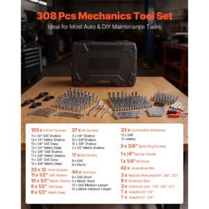mechanics tool set, 308 piece mechanic tool kit, 1/4 in, 3/8 in, and 1/2 in drive, sae and metric socket set, wrenches, screwdriver bits, accessories, and storage case, for automotive repair