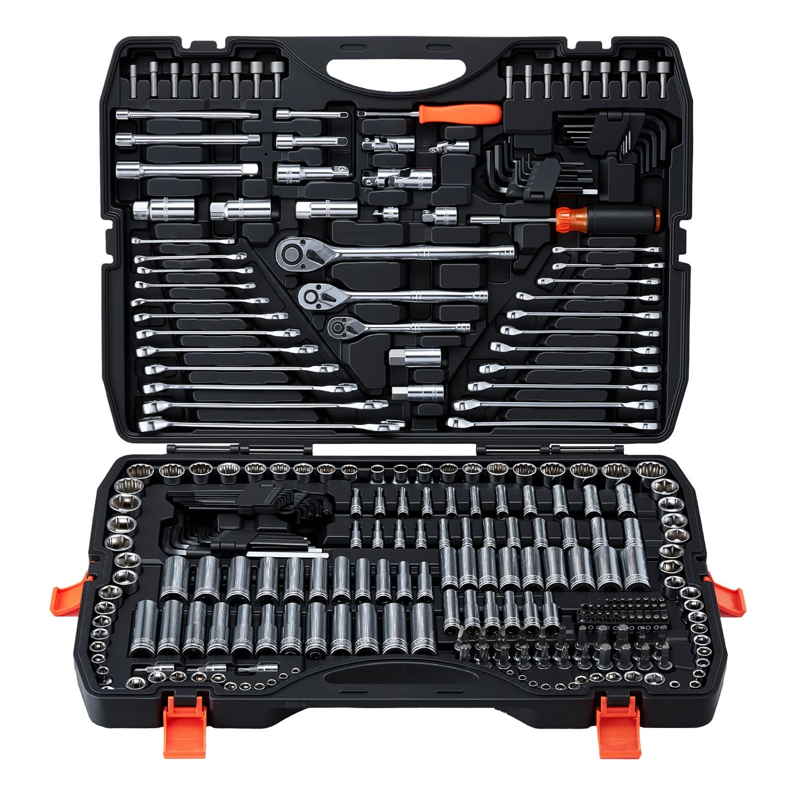 mechanics tool set, 308 piece mechanic tool kit, 1/4 in, 3/8 in, and 1/2 in drive, sae and metric socket set, wrenches, screwdriver bits, accessories, and storage case, for automotive repair