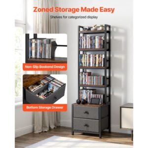 media storage cabinet, 4 shelf dvd shelf organizer with drawers, 15.75 x 11.81 x 56.50 in multimedia storage organizer for cds, dvds, books and games, cd cabinet for living room, home office