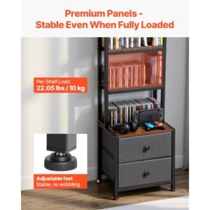 media storage cabinet, 4 shelf dvd shelf organizer with drawers, 15.75 x 11.81 x 56.50 in multimedia storage organizer for cds, dvds, books and games, cd cabinet for living room, home office