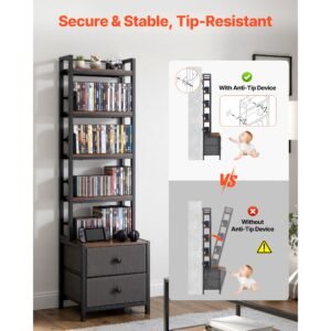 media storage cabinet, 4 shelf dvd shelf organizer with drawers, 15.75 x 11.81 x 56.50 in multimedia storage organizer for cds, dvds, books and games, cd cabinet for living room, home office