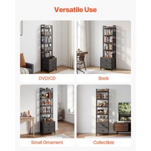 media storage cabinet, 4 shelf dvd shelf organizer with drawers, 15.75 x 11.81 x 56.50 in multimedia storage organizer for cds, dvds, books and games, cd cabinet for living room, home office