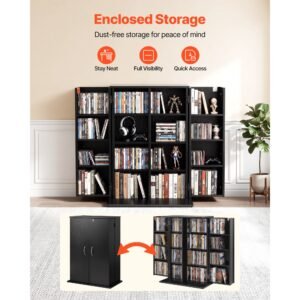 media storage cabinet, 4 tier dvd shelf organizer, 24.02 x 14.49 x 33.31 in multimedia storage organizer for cds, dvds, books, games, cd shelf for living room, home office, recording room, black